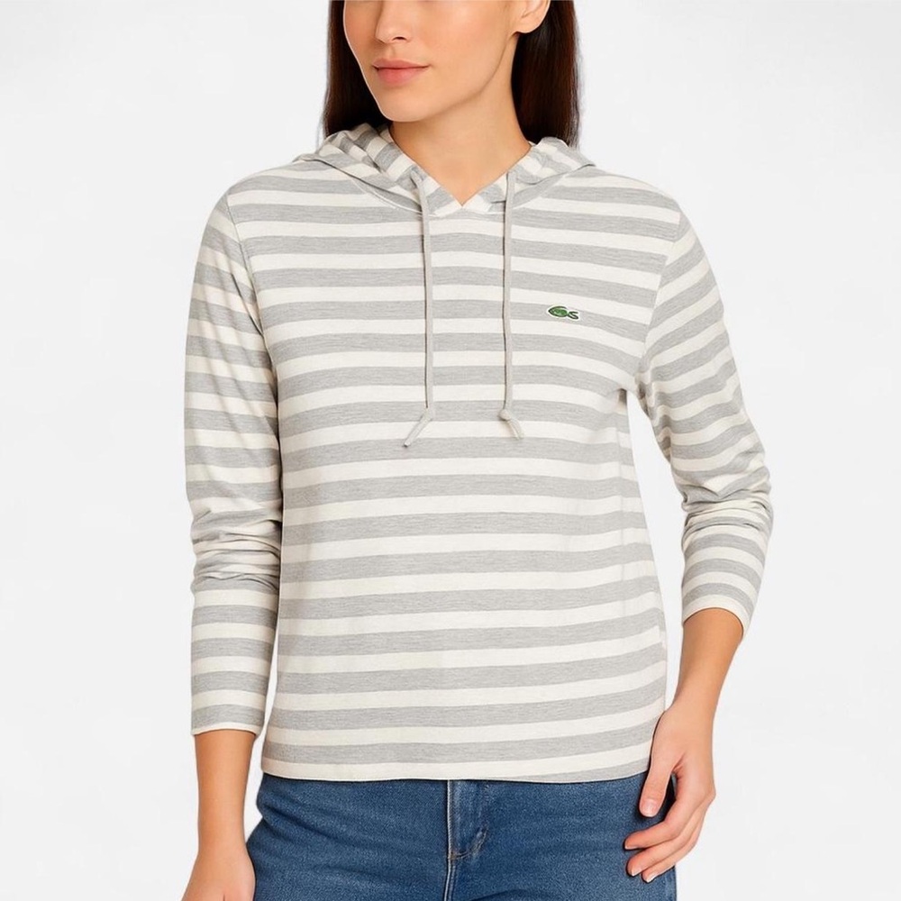 Lacoste Women's Light Gray and White Striped Hoodie